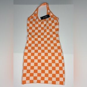 Just Polly Women Medium Dress Halter Knit Orange White Checkboard Mini Short New